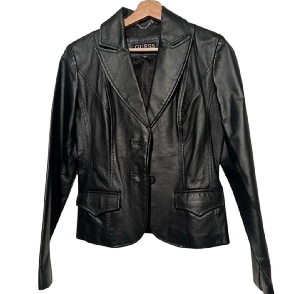 Vintage Women's GUESS Black Genuine Leather Blazer Jacket Buttoned Y2K Size L